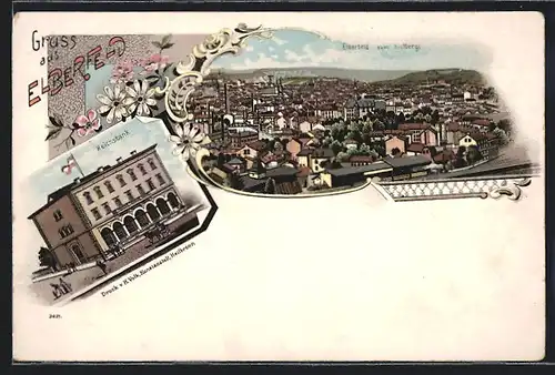 Lithographie Elberfeld, Reichsbank, Totale vom Berg aus gesehen