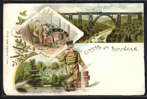 Lithographie Solingen, Schleiferei, Müngsten, Brücke