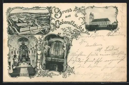 AK Niederaltaich, Blick auf das Benediktinerstift, Innenraum der Kirche und Orgel, Kloster vor der Säkularisation