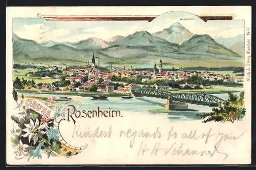 Lithographie Rosenheim, Gruss aus der Stadt mit dem Wendelstein