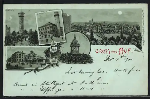 Lithographie Hof, Ortsansicht, Rathhaus, Post, Thomashöhe