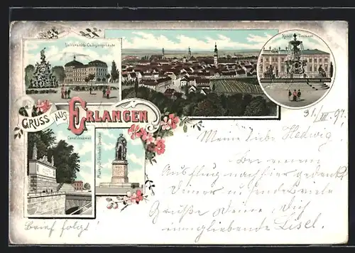 Lithographie Erlangen, Universitäts-Collegiengebäude, Kunst-Brunnen