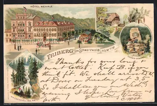 Lithographie Triberg / Schwarzwald, Wasserfall, Hotel Wehrle, Gerwig-Denkmal