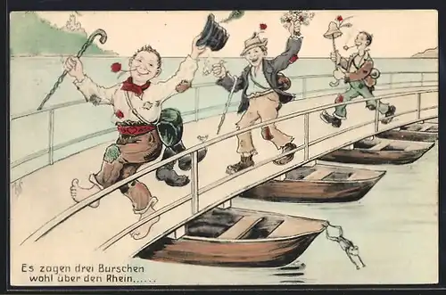 Künstler-AK Willi Scheuermann: Es zogen drei Burschen wohl über den Rhein
