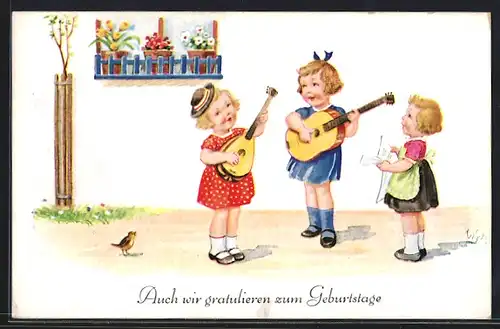 Künstler-AK Willi Scheuermann: Kinder mit Laute und Gitarre