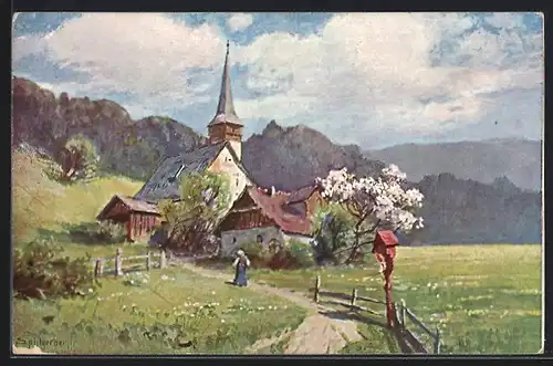 Künstler-AK August Splitgerber: Ortspartie mit Kirche