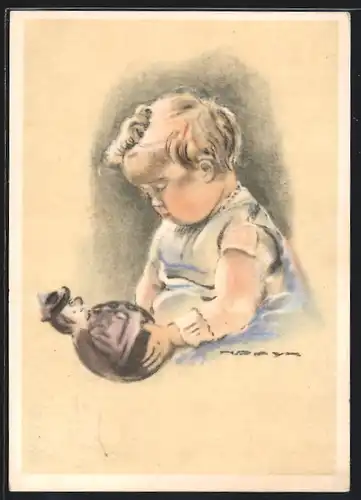 Künstler-AK Hilla Peyk: Kind mit einer Puppe