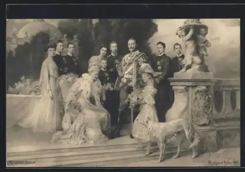 AK Kaiser Wilhelm II. im Kreis der Familie und Windhund