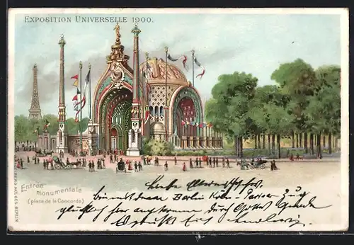Lithographie Paris, Exposition universelle de 1900, Entrée monumentale place de la Concorde