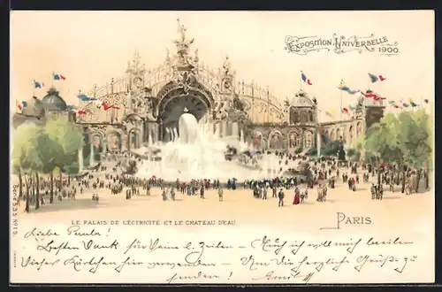 Lithographie Paris, Exposition universelle de 1900, Le palais de l`éléctricité et la chateau d`eau
