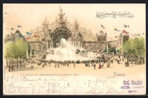 Lithographie Paris, Exposition universelle de 1900, Le palais de l`éléctricité et la chateau d`eau