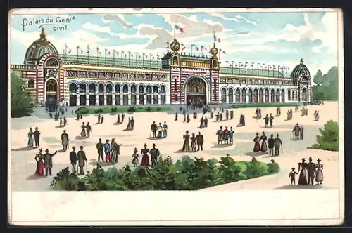 Lithographie Paris, Exposition universelle de 1900, Palais du Genie civil