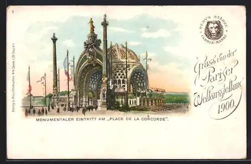 Lithographie Paris, Exposition universelle de 1900, Monumentaler Eintritt am Place de la Concorde