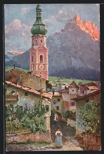 Künstler-AK Kastelruth, Strassenszene mit Frau in Tracht