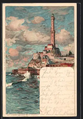 Künstler-AK Manuel Wielandt: Genova, Leuchtturm am Hafen