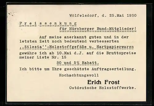 AK Wölfelsdorf, Mitteilungskarte Erich Frost, Ostdeutsche Holzstoffwerke