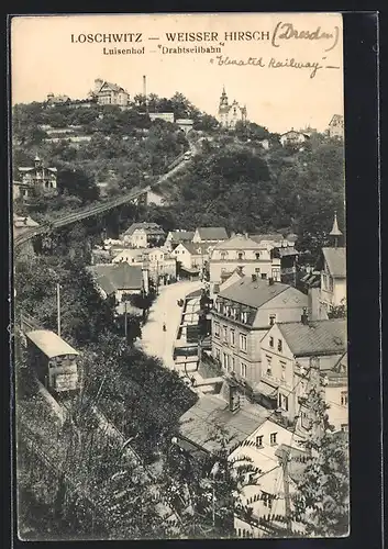 AK Dresden-Loschwitz, Teilansicht mit Luisenhof und Drahtseilbahn