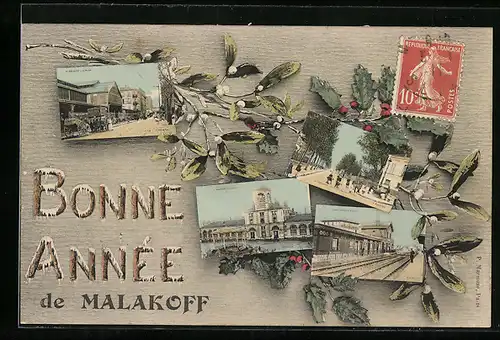 AK Malakoff, Vier Ansichten aus dem Ort mit Zweigen verziert