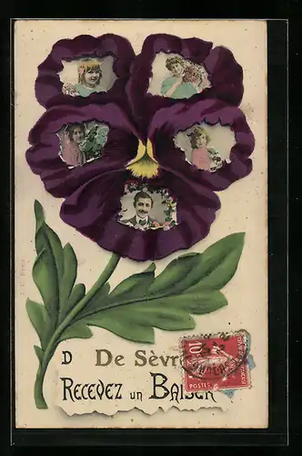 AK Sèvres, Portraits von Kindern, Frau und Mann in einer Blume