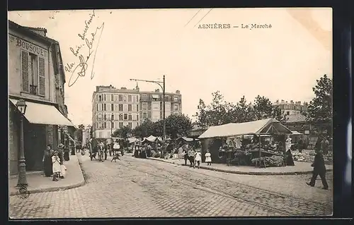 AK Asnières, Le Marché, Strassenpartie mit Markt