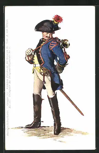 Künstler-AK Stollwerck-Postkarte Gruppe 13 No. 4, Trompeter des Dragoner-Regiments No. 1 z. Zt. Friedrichs des Grossen