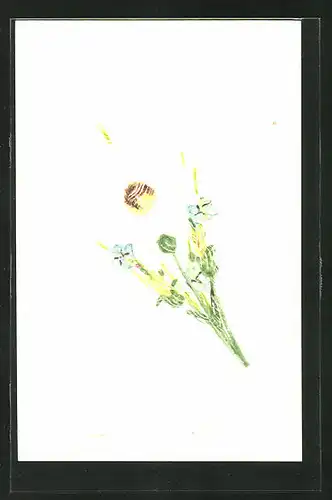 Papierkunst-AK Weisse und Blaue Blumen im Bund, Papierkunst