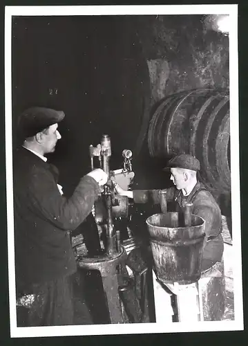 Fotografie Ansicht Mistelbach, Kellermeister pumpt Wein in ein grosses Lagerfass