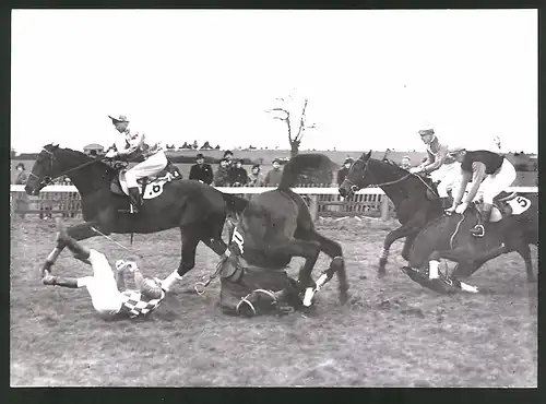 Fotografie Ansicht Cheltenham, Pferderennen 1939, Brave Mic & Grasshopper stürzen