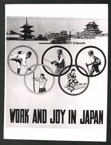 Fotografie Umschlag des Buches Work and Joy in Japan, Olympia, Kendo, Bogenschiessen, Baseball