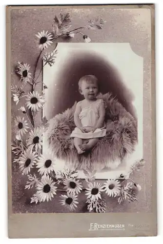 Fotografie F. Renziehausen, Hannover, Portrait niedliches Kleinkind im weissen Hemd auf Fell sitzend
