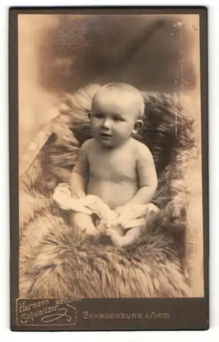 Fotografie Hermann Schweitzer, Brandenburg / Havel, Portrait nacktes süsses Kleinkind auf einem Fell sitzend
