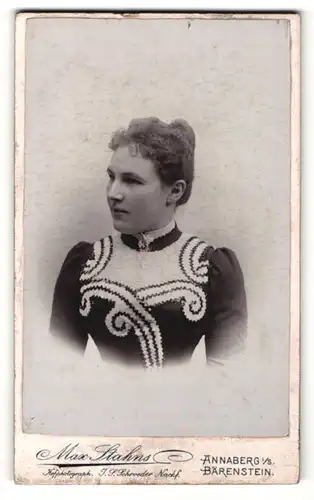 Fotografie Max Stahns, Annaberg i / S., Portrait junge hübsche Dame im eleganten Kleid