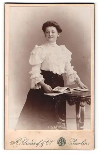 Fotografie A. Jandorf & Co, Berlin, Portrait bürgerliche Dame mit Buch an Tisch gelehnt