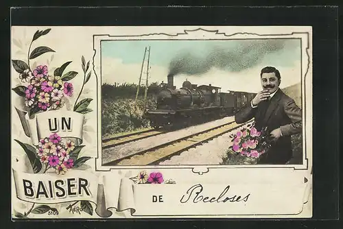 AK Recloses, Mann wartet mit Blumen auf den Zug, Un Baiser