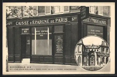 AK Montrouge, Rue Louis Rolland& Rond-Point de la Victoire, Caisse d'Épargne de Paris