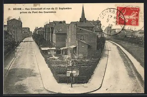 AK Bècon, Rue Cronstadt et rue du 22 Septembre prises du Pont des Couronnes