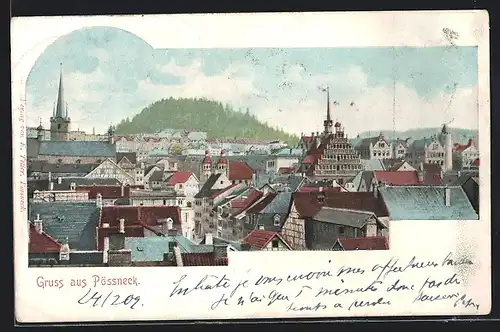AK Pössneck, Ortsansicht aus der Vogelschau