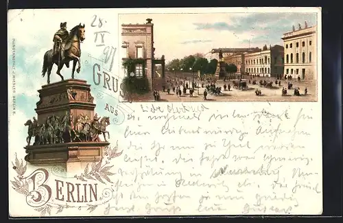 Lithographie Berlin, Strassenpartie Unter den Linden, Alter Fritz-Denkmal