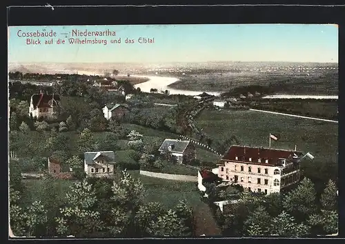 AK Cossebaude-Niederwartha, Blick auf die Wilhelmsburg und das Elbtal