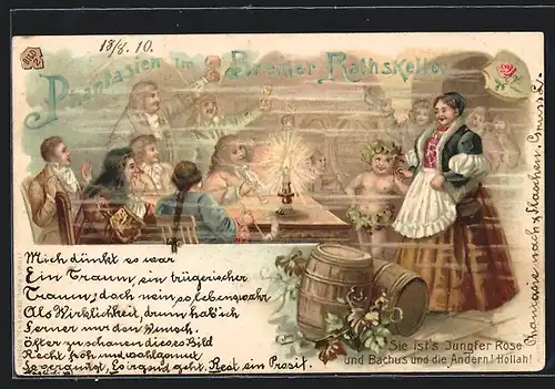 Lithographie Bremen, Szene im Rathskeller mit Jungfer Rose und Bachus