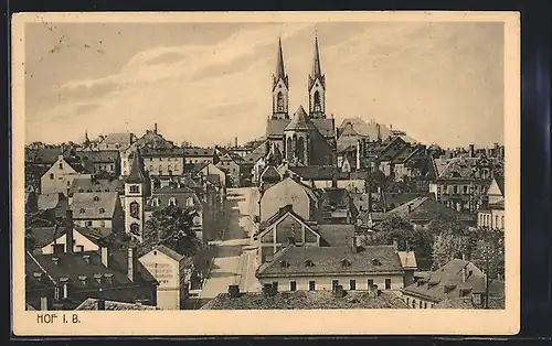 AK Hof i. B., Ortsansicht mit Kirche