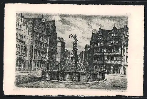 Künstler-AK Alt-Frankfurt, Platz mit Gerechtigkeitsbrunnen