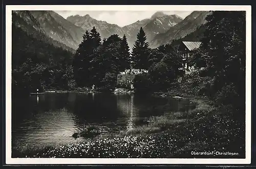AK Oberstdorf, Christlessee, Uferpartie mit Bergpanorama
