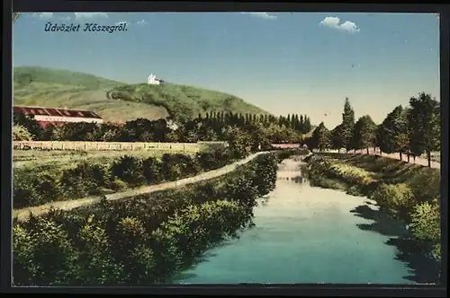 AK Köszeg, Flusspartie in blühender Landschaft