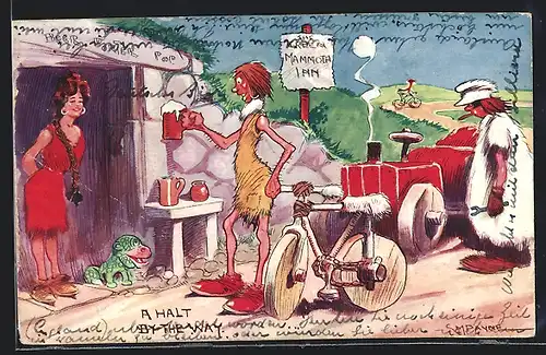 Künstler-AK sign. Tom Payne: A Halt by the way, Steinzeitmenschen