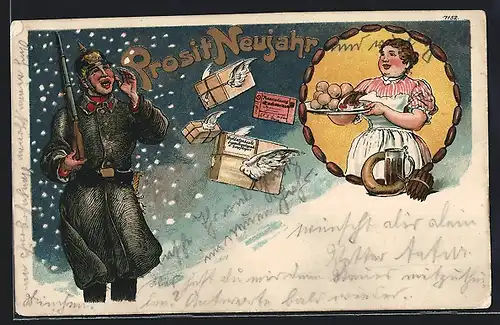 AK Pakete fliegen zu einem Soldaten, Prosit Neujahr, Feldpost