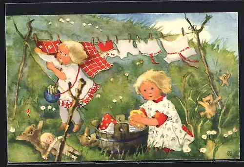 Künstler-AK Milli Weber: Kinder beim Wäsche waschen