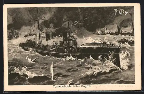 Künstler-AK Arthur Thiele: Torpedoboote beim Angriff