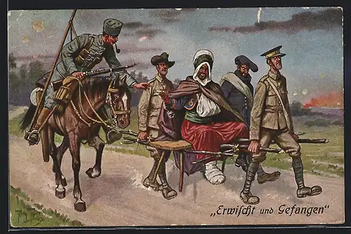 Künstler-AK Arthur Thiele: Erwischt und Gefangen, Soldaten mit dem verwundeten Turko