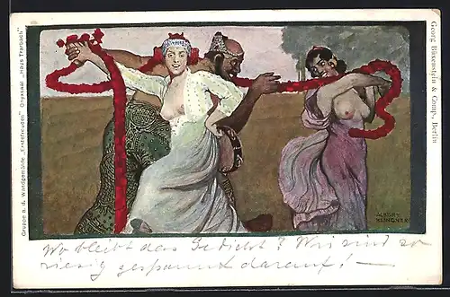 Künstler-AK sign. Albert Klingner: Barbusige Schönheiten beim Tanz mit einem Bacchus